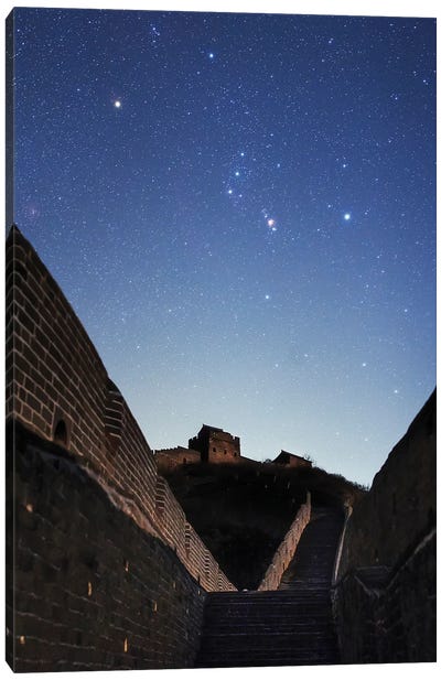 Orion Rises Above The Great Wall In Jinshanling Region, Hebei, China Canvas Art Print - Constellation Art