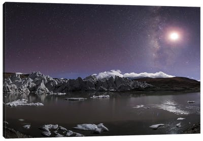 Panorama View Of Milky Way And Moon Shine Above A Glacier In The Himalayas Of Tibet Canvas Art Print - Jeff Dai