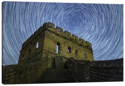 Star Trails Around The Northern Celestial Pole At The Great Wall In Jinshanling Region, Hebei, China Canvas Art Print - Jeff Dai