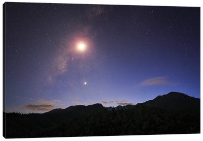 The Milky Way And Waxing Crescent Moon Shine Above The Mountain In Pai, North Of Thailand Canvas Art Print - Jeff Dai