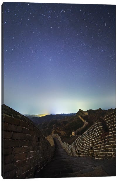 Winter Stars Shine Above The Great Wall In Jinshanling Region, Hebei, China Canvas Art Print - Jeff Dai