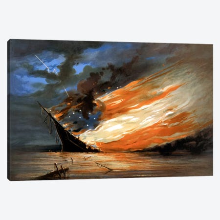 Vintage Civil War Painting Of A Warship Burning In A Calm Sea Canvas Print #TRK353} by Stocktrek Images Art Print