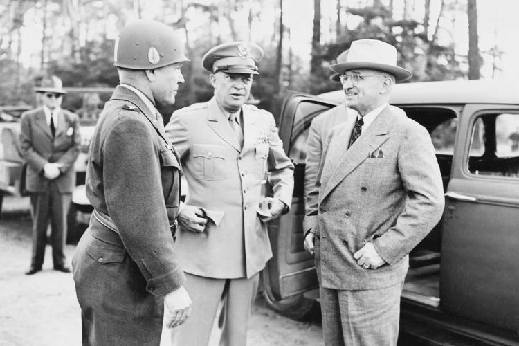 WWII Photo Of President Harry Truman Talking To Generals Eisenhower And Hickey