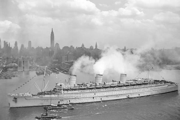 Cruise Ships: WWII Photo Of RMS Queen Mary Arriving In New York Harbor by Stocktrek Images