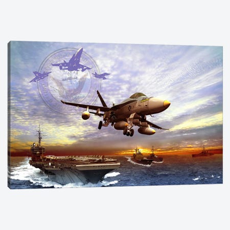 F/A-18 Hornet Taking Off From A US Navy Aircraft Carrier Canvas Print #TRK374} by Kurt Miller Canvas Wall Art
