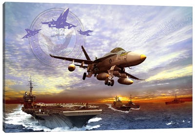 F/A-18 Hornet Taking Off From A US Navy Aircraft Carrier Canvas Art Print - Aircraft Carrier Art