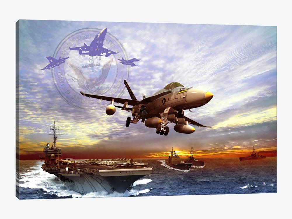 F/A-18 Hornet Taking Off From A US Navy Aircraft Carrier by Kurt Miller 1-piece Canvas Wall Art