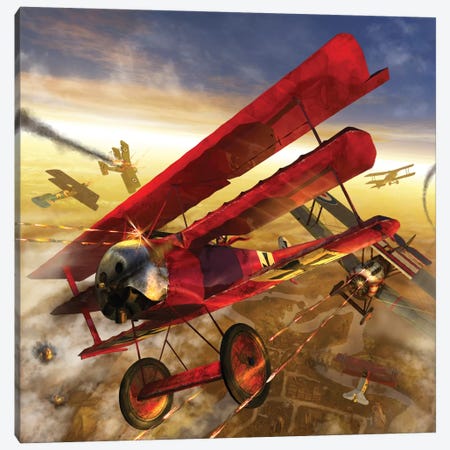 German Triple Wing Biplane The Red Baron, WWI Western Front Air Assault Canvas Print #TRK375} by Kurt Miller Canvas Wall Art