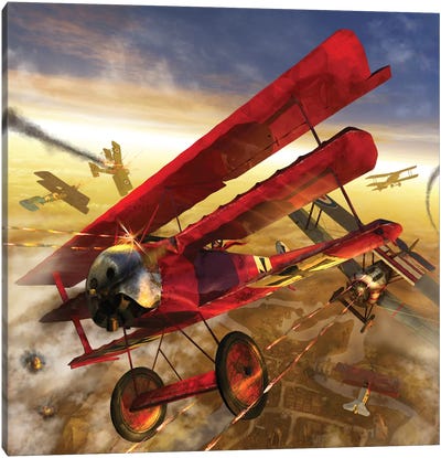 German Triple Wing Biplane The Red Baron, WWI Western Front Air Assault Canvas Art Print - Kids Transportation Art