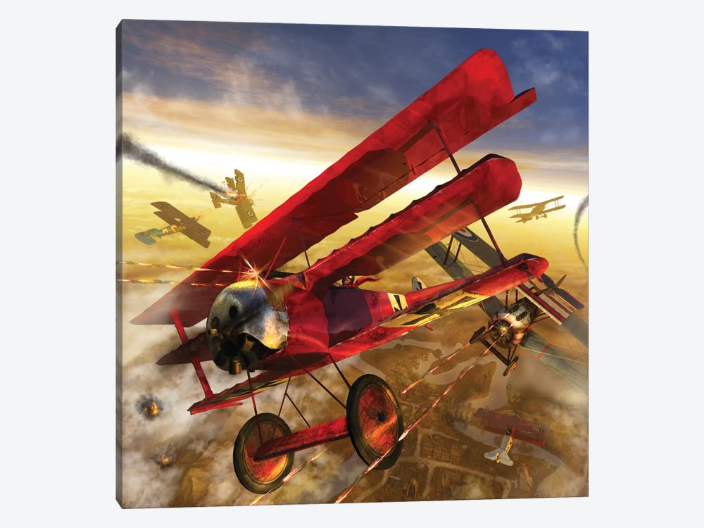 German Triple Wing Biplane The Red Baron, WWI Western Front Air Assault by Kurt Miller 1-piece Canvas Art Print