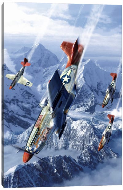 Tuskegee Airmen Flying Near The Alps In Their P-51 Mustangs Canvas Art Print - Vintage & Retro Art