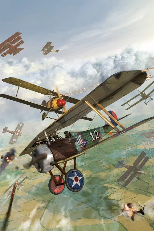 WWI US Biplane Attacking German Biplanes by Kurt Miller wall art