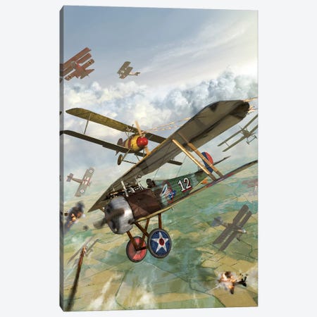 WWI US Biplane Attacking German Biplanes Canvas Print #TRK377} by Kurt Miller Canvas Artwork