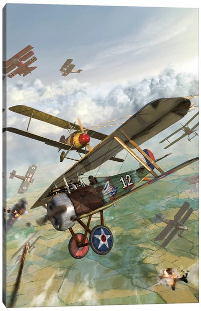 WWI US Biplane Attacking German Biplanes Canvas Art Print - Military Aircraft Art