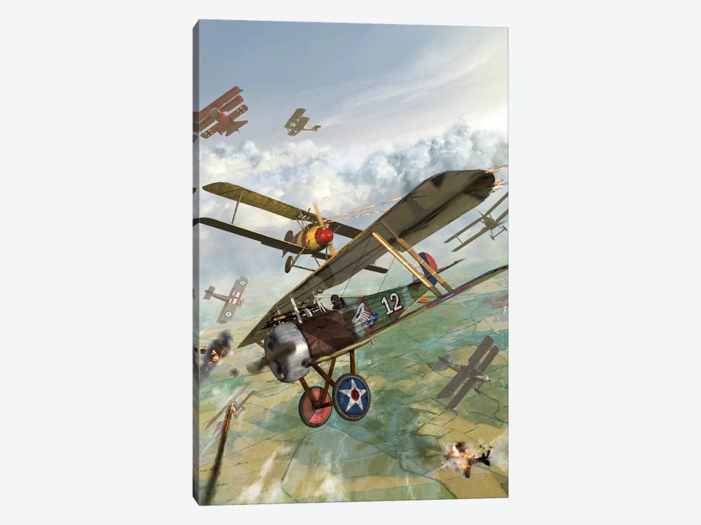 WWI US Biplane Attacking German Biplanes by Kurt Miller 1-piece Canvas Print