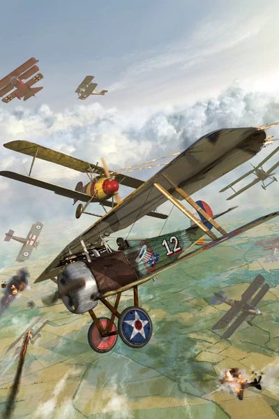 By Air: WWI US Biplane Attacking German Biplanes by Kurt Miller