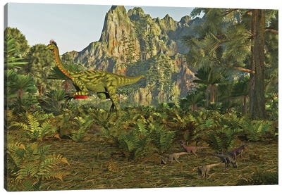 Beishanlong Dinosaur In Gansu, China, Along With Small Archaeoceratops In The Foreground Canvas Art Print