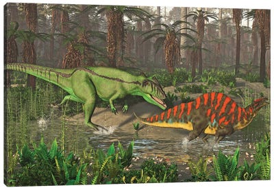 Carcharodontosaurus Chasing After An Ouranosaurus In The Wetlands Of North Africa Canvas Art Print