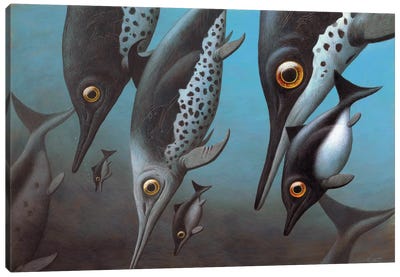 A Group Of Cryopterygius Kristiansenae Dives Down To The Dark Depths Of Jurassic Seas Canvas Art Print
