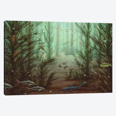 Silurian Underwater Scene From Norway With Different Species Of Sea Scorpions And Fish Canvas Print #TRK3840} by Esther van Hulsen Canvas Print