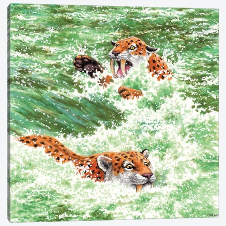 Two Smilodons Are Dragged Away By The Waters Of A Flash Flood Canvas Print #TRK3841} by Esther van Hulsen Art Print
