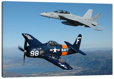 F/A-18 Hornet And F8F Bearcat Flying Over Chino, California Canvas Art Print