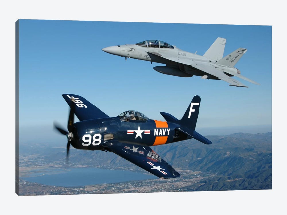 F/A-18 Hornet And F8F Bearcat Flying Over Chino, California 1-piece Canvas Artwork