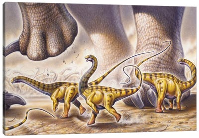 Juvenile Apatosaurus Ajax Dinosaurs Running By The Powerful Legs Of An Adult Apatosaurus Canvas Art Print - Prehistoric Animal Art