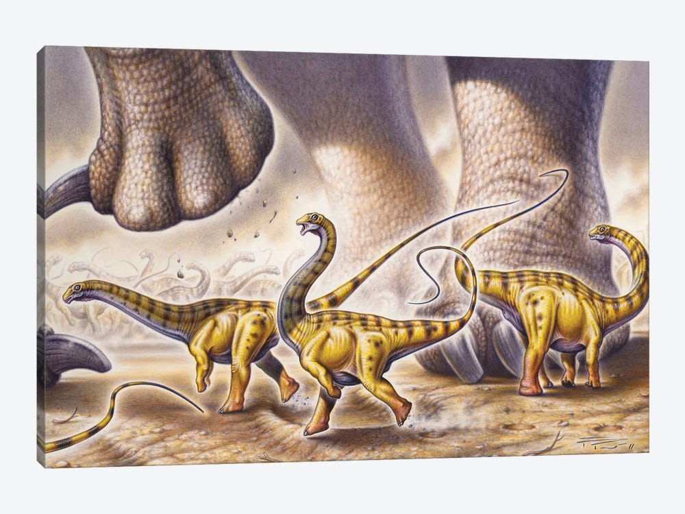 Juvenile Apatosaurus Ajax Dinosaurs Running By The Powerful Legs Of An Adult Apatosaurus by Fabio Pastori 1-piece Canvas Art