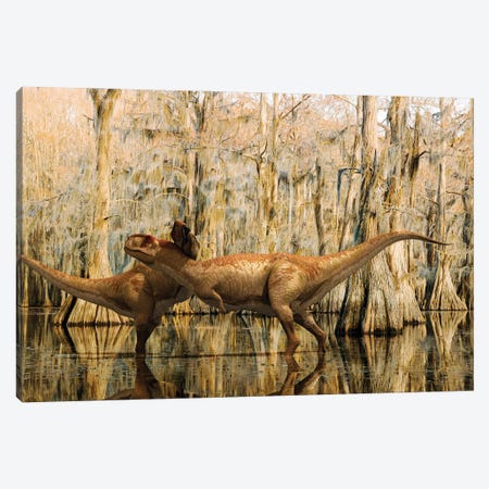 Two Abelisaurus Dinosaurs Caress Each Other In The Middle Of A Swampy Area Canvas Print #TRK3896} by Jose Antonio Penas Canvas Print
