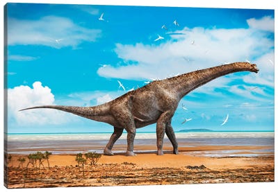 An Old Giraffatitan Walks On The Beach A Flock Of Pterosaurs Uses It As A Perch While Feeding Canvas Art Print