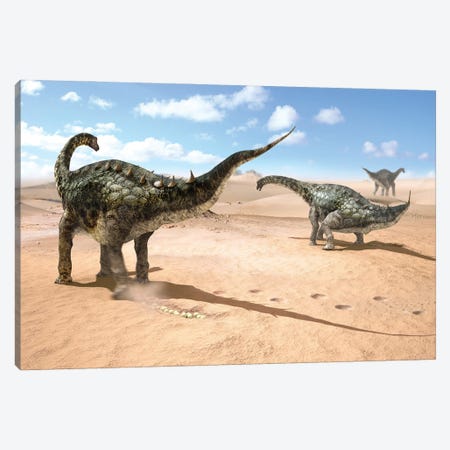A Group Of Female Lohuecotitan Dinosaurs Lay Their Eggs In The Sand, Before Burying Them Canvas Print #TRK3903} by Jose Antonio Penas Canvas Art