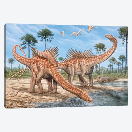Agustinia Dinosaurs Drinking Water From A River, With Pterodactylus Flying Above Canvas Print #TRK3918} by Phil Wilson Canvas Print