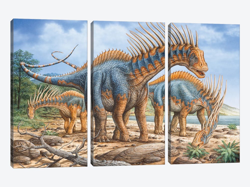 A Group Of Amargasaurus Dinosaurs Grazing On The Shoreline by Phil Wilson 3-piece Canvas Art Print