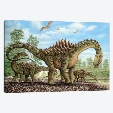 Ampelosaurus Dinosaurs Grazing On The Shoreline Canvas Print #TRK3920} by Phil Wilson Canvas Art