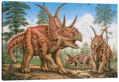 Diabloceratops Dinosaurs Roaming Prehistoric Woodlands Canvas Art Print - Prehistoric Animal Art