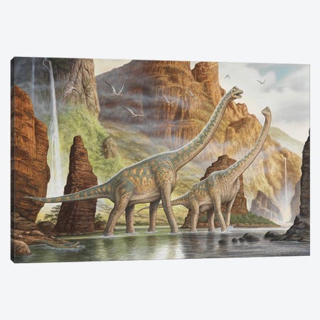 A Pair Of Giraffatitan Walking In A Valley River Canvas Print #TRK3926} by Phil Wilson Canvas Print