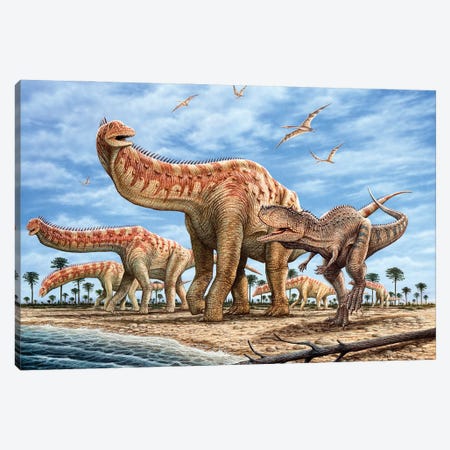 A Rajasaurus Pursues A Herd Of Isisaurus Dinosaurs Canvas Print #TRK3927} by Phil Wilson Art Print