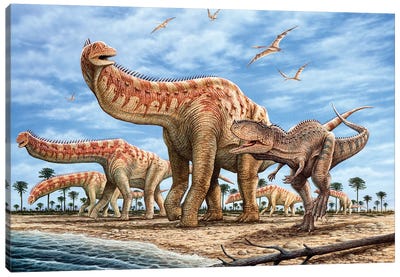 A Rajasaurus Pursues A Herd Of Isisaurus Dinosaurs Canvas Art Print