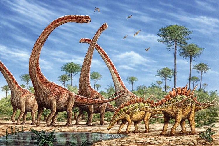 Mamenchisaurus Herd And A Pair Of Huayangosaurus Roaming By A Stream by Phil Wilson wall art