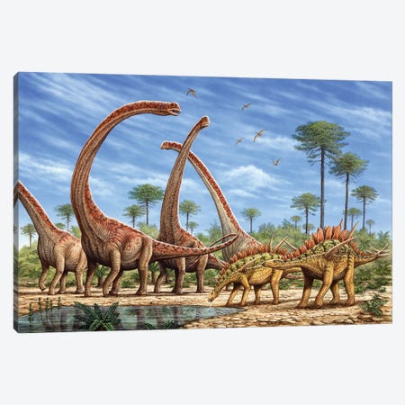 Mamenchisaurus Herd And A Pair Of Huayangosaurus Roaming By A Stream Canvas Print #TRK3929} by Phil Wilson Canvas Artwork