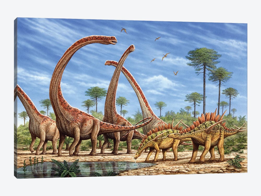 Mamenchisaurus Herd And A Pair Of Huayangosaurus Roaming By A Stream 1-piece Canvas Wall Art