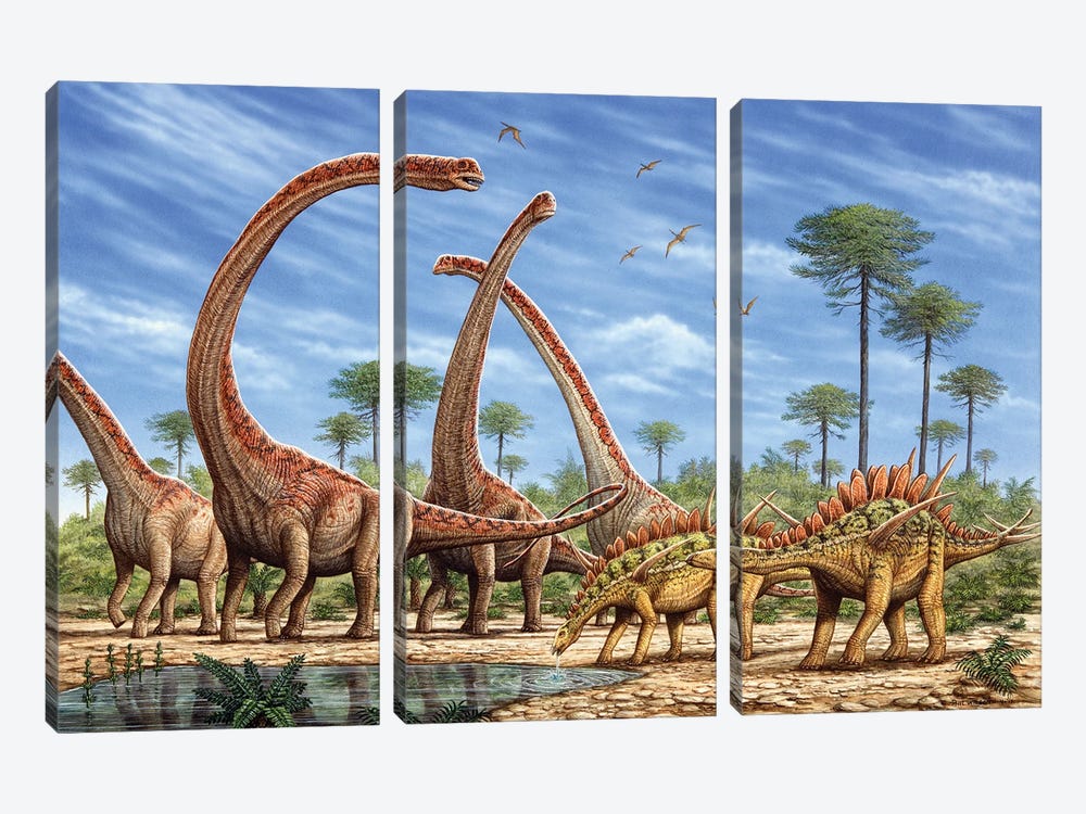 Mamenchisaurus Herd And A Pair Of Huayangosaurus Roaming By A Stream by Phil Wilson 3-piece Canvas Artwork