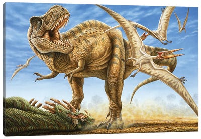T-rex Tries To Fend Off Scavenging Pterosaurs From His Recent Kill Canvas Art Print