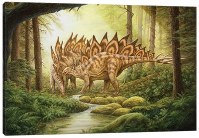 A Pair Of Stegosaurus Dinosaurs In A Prehistoric Forest Canvas Art Print