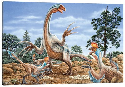 Therizinosaurus Defends Its Nest From A Group Of Oviraptors Canvas Art Print