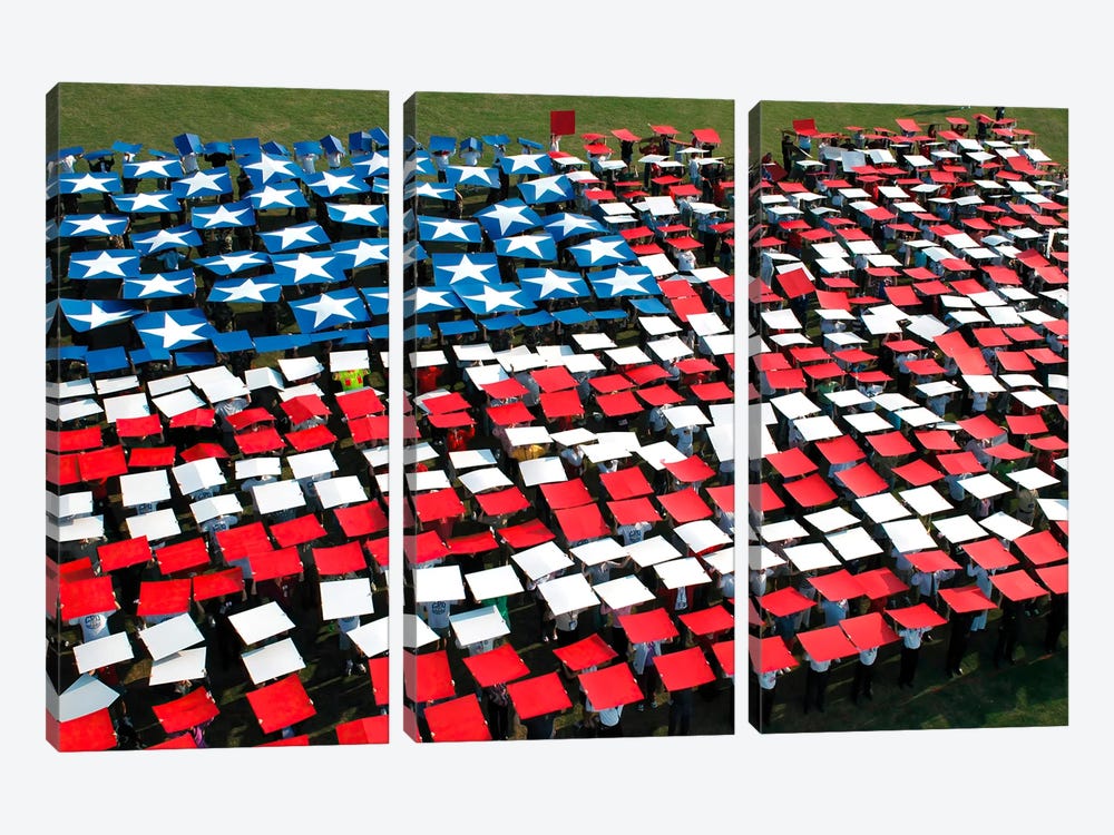 More Than 1,200 Service Members, Civic Leaders, And Civilians Create A Flag During The 9/11 Hampton Roads Remembers Ceremony by Stocktrek Images 3-piece Canvas Art Print