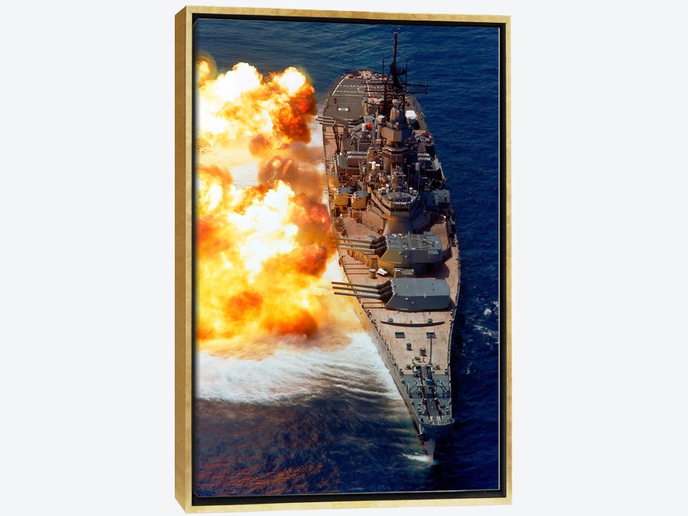 Framed Canvas Art - The Battleship USS Iowa (Bb-61) Firing Its Mark 7 50-Caliber Guns Off The Starboard Side by Stocktrek Images ( Holiday & Seasonal