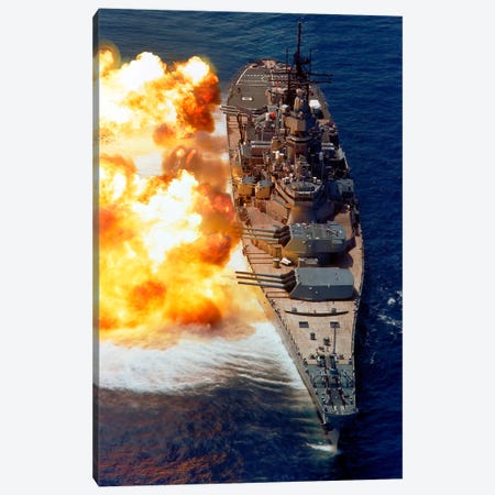 The Battleship Uss Iowa (Bb-61) Firing Its Mark 7 50-Caliber Guns Off The Starboard Side Canvas Print #TRK3934} by Stocktrek Images Canvas Art