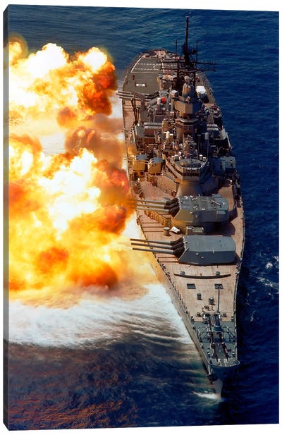 The Battleship Uss Iowa (Bb-61) Firing Its Mark 7 50-Caliber Guns Off The Starboard Side Canvas Art Print